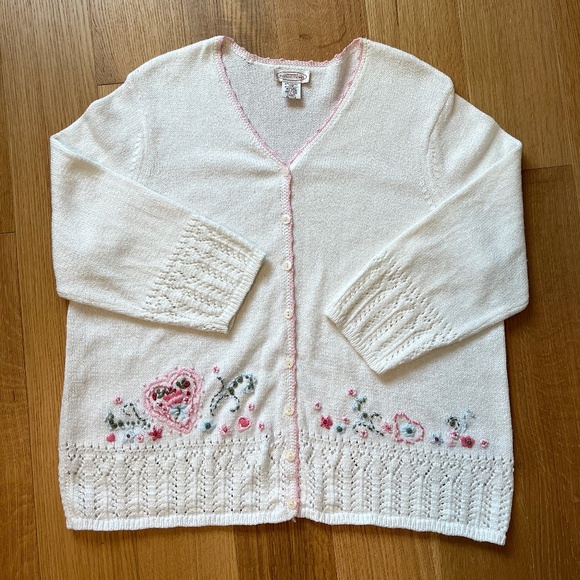 Northern Reflections Sweaters - Northern Reflections Vintage Floral Embroidered Cardigan in White Cotton